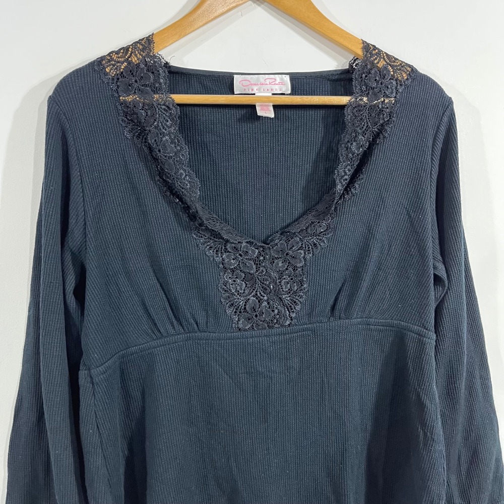 Oscar de la Renta Y2K Babydoll Fairy Grunge Boho Waffle Knit Lace Trim Top Large